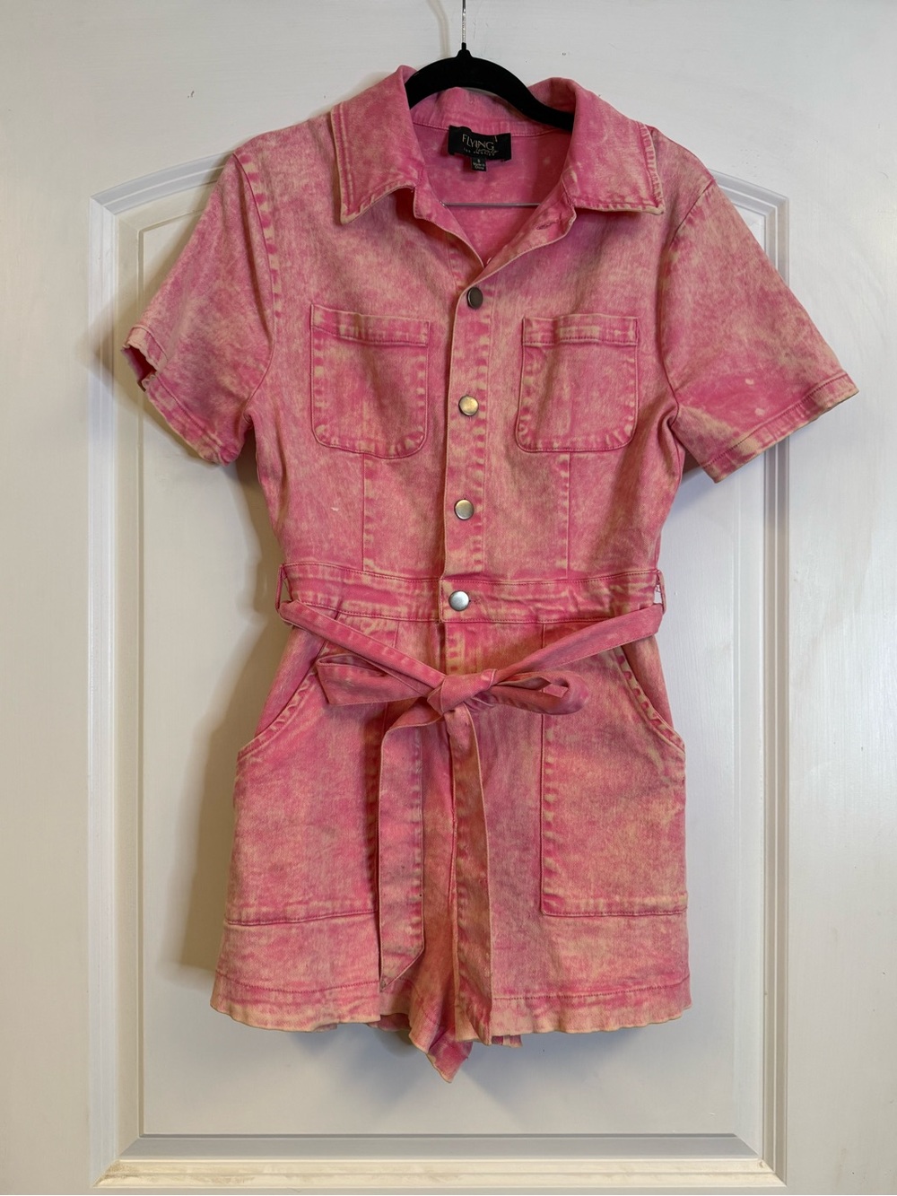 Flying Tomato Pink Acid Wash Denim Utility Romper Belted Shorts